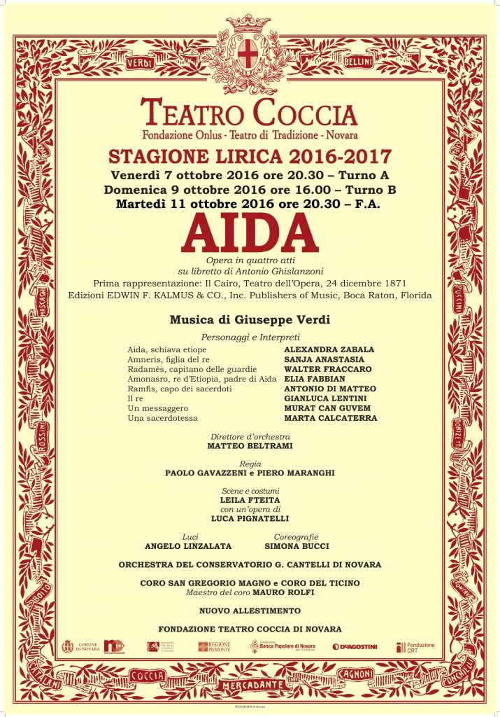 Teatro Coccia, Novara: nuova replica per "AIDA", opera che inaugura la stagione 2016/2017