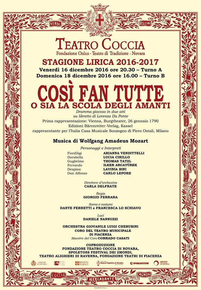 NOVARA: Così fan tutte 16 e 18 dicembre 2016